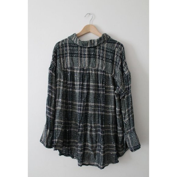 Free People Fearless Love Bell Sleeve Flannel Shirt Green Black Size Small - Picture 4 of 7